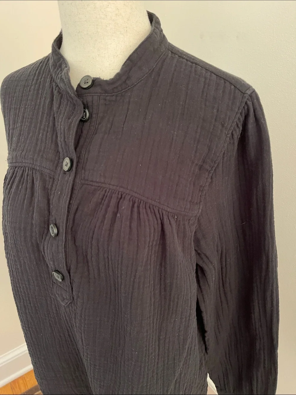 J.Crew Black Double Gauze Cotton Popover Blouse Mandarin Collar Medium